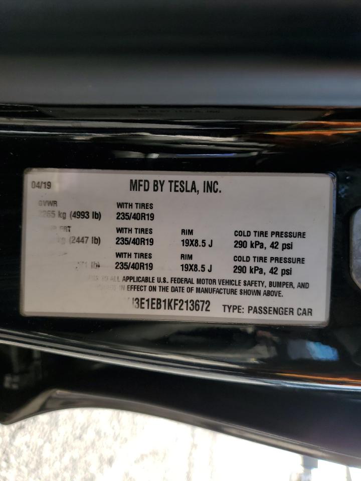 2019 Tesla Model 3 VIN: 5YJ3E1EB1KF213672 Lot: 84233205
