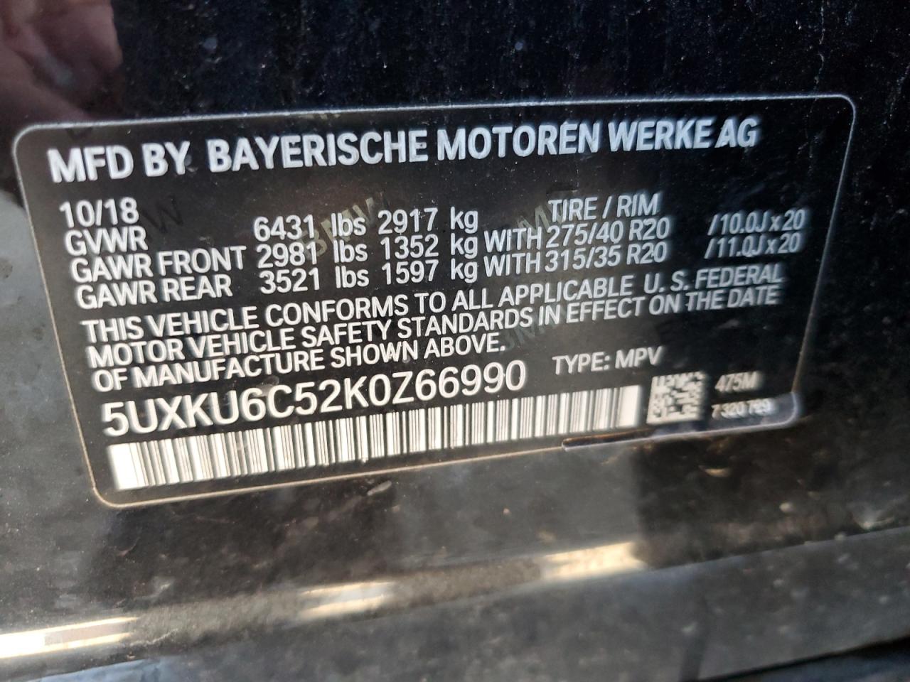 2019 BMW X6 xDrive50I VIN: 5UXKU6C52K0Z66990 Lot: 80893635