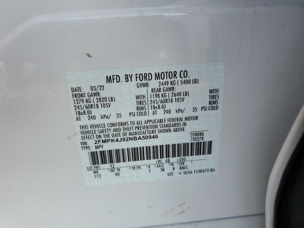 2022 Ford Edge Sel VIN: 2FMPK4J92NBA50946 Lot: 80429675