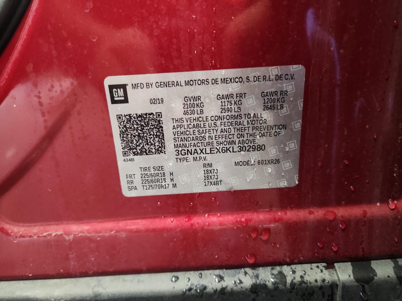 2019 Chevrolet Equinox Lt VIN: 3GNAXLEX6KL302980 Lot: 80852125