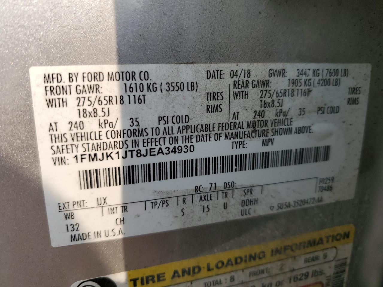 2018 Ford Expedition Max Xlt VIN: 1FMJK1JT8JEA34930 Lot: 71547105