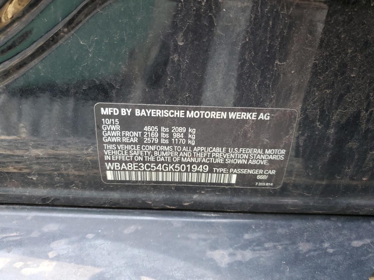 2016 BMW 328 Xi Sulev VIN: WBA8E3C54GK501949 Lot: 71400195