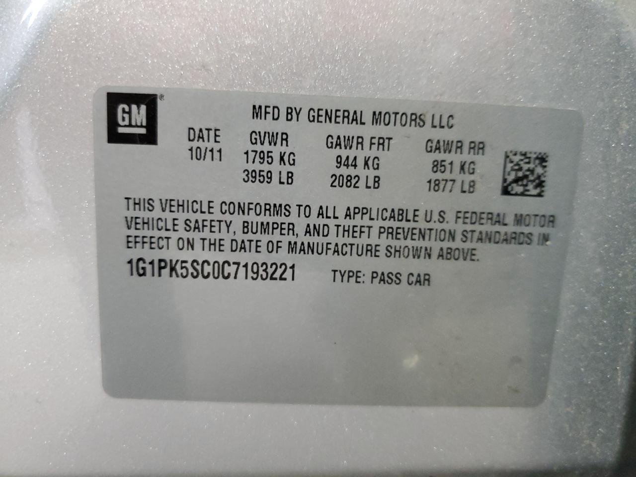 2012 Chevrolet Cruze Eco VIN: 1G1PK5SC0C7193221 Lot: 81113315