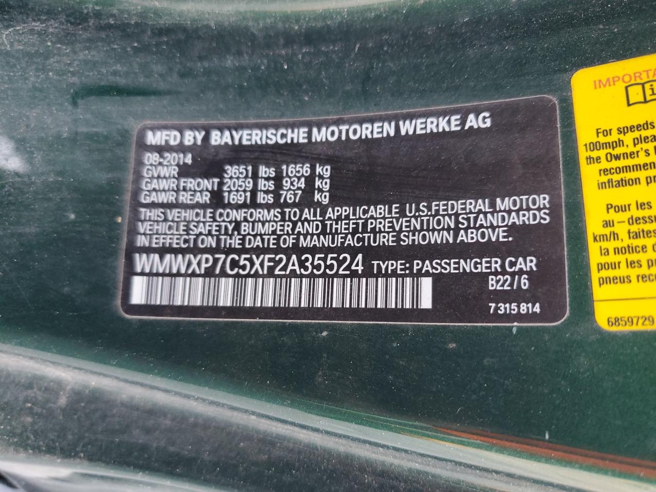 2015 Mini Cooper S VIN: WMWXP7C5XF2A35524 Lot: 72070565