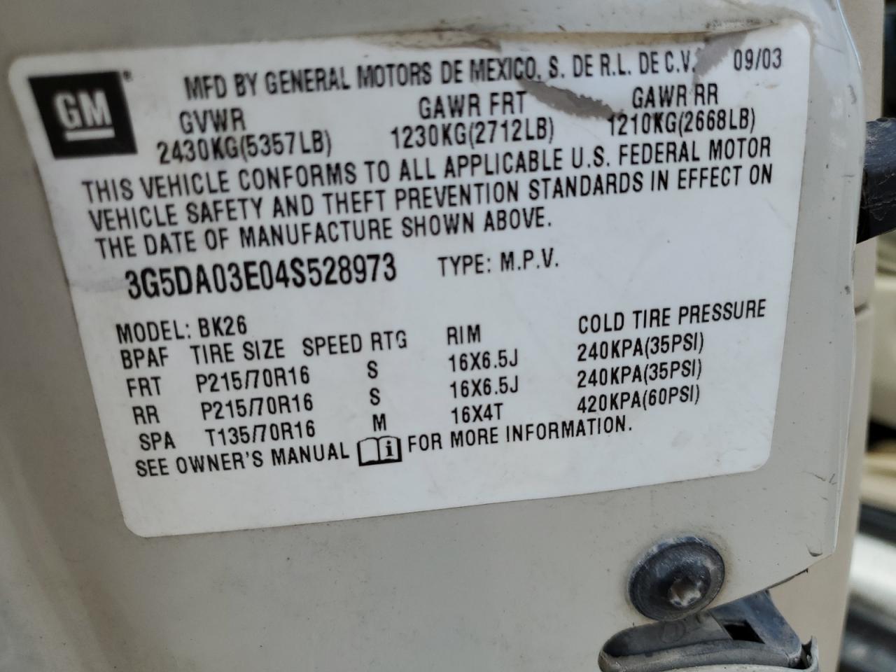 2004 Buick Rendezvous Cx VIN: 3G5DA03E04S528973 Lot: 83865595