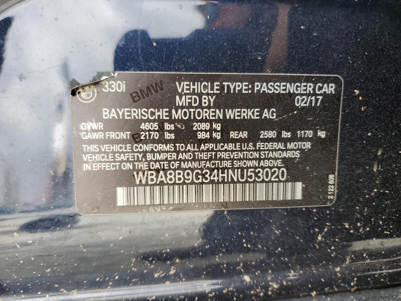 2017 BMW 330 I VIN: WBA8B9G34HNU53020 Lot: 84030215