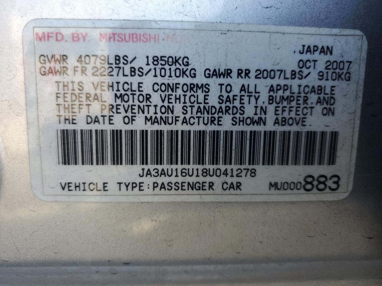 2008 Mitsubishi Lancer De VIN: JA3AU16U18U041278 Lot: 71457045