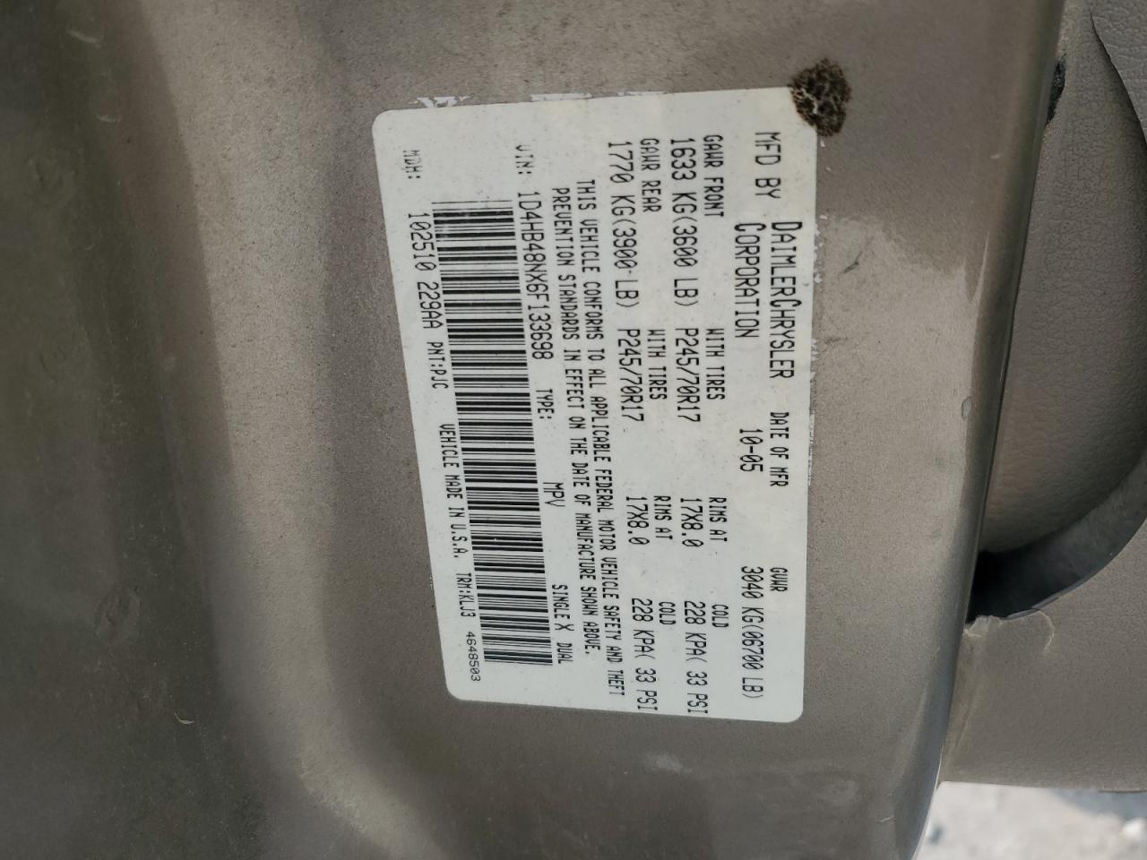 2006 Dodge Durango Slt VIN: 1D4HB48NX6F133698 Lot: 71423925