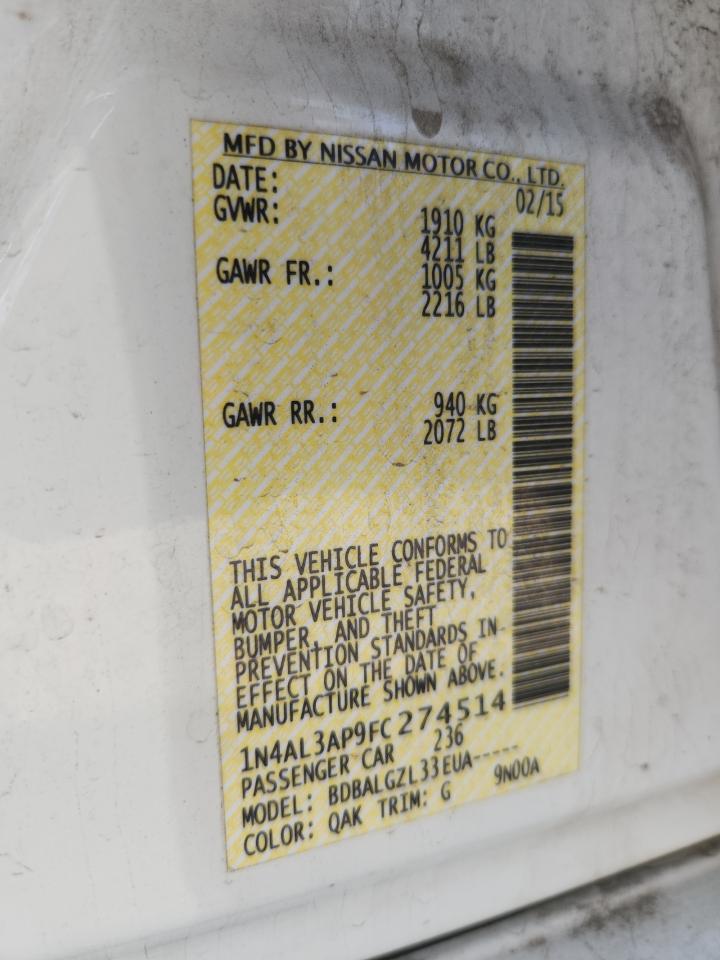 2015 Nissan Altima 2.5 VIN: 1N4AL3AP9FC274514 Lot: 80617355