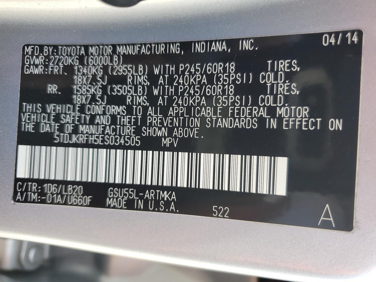 2014 Toyota Highlander Xle VIN: 5TDJKRFH5ES034505 Lot: 81925285