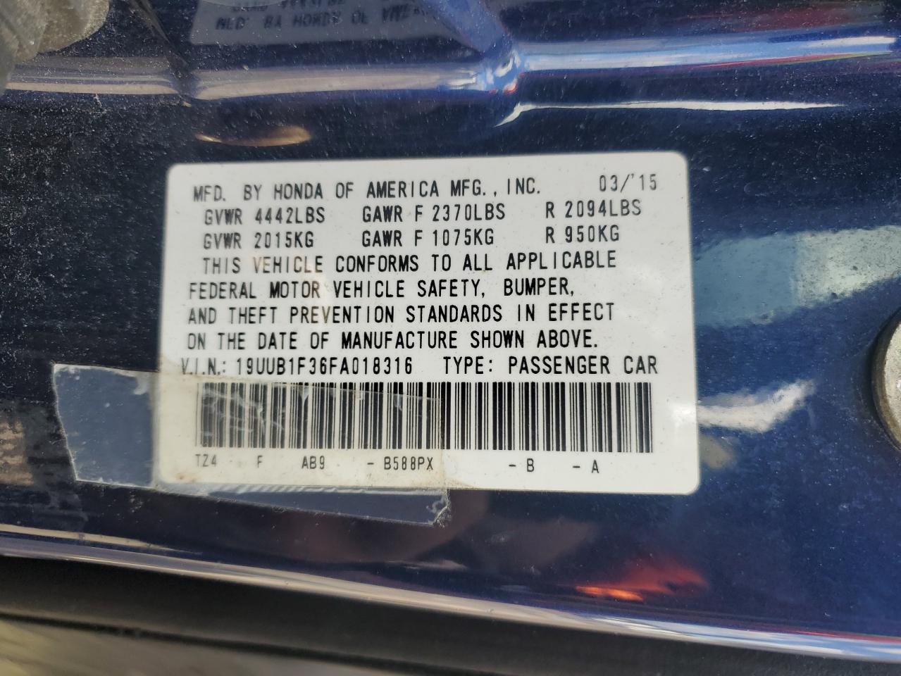 2015 Acura Tlx VIN: 19UUB1F36FA018316 Lot: 71608825