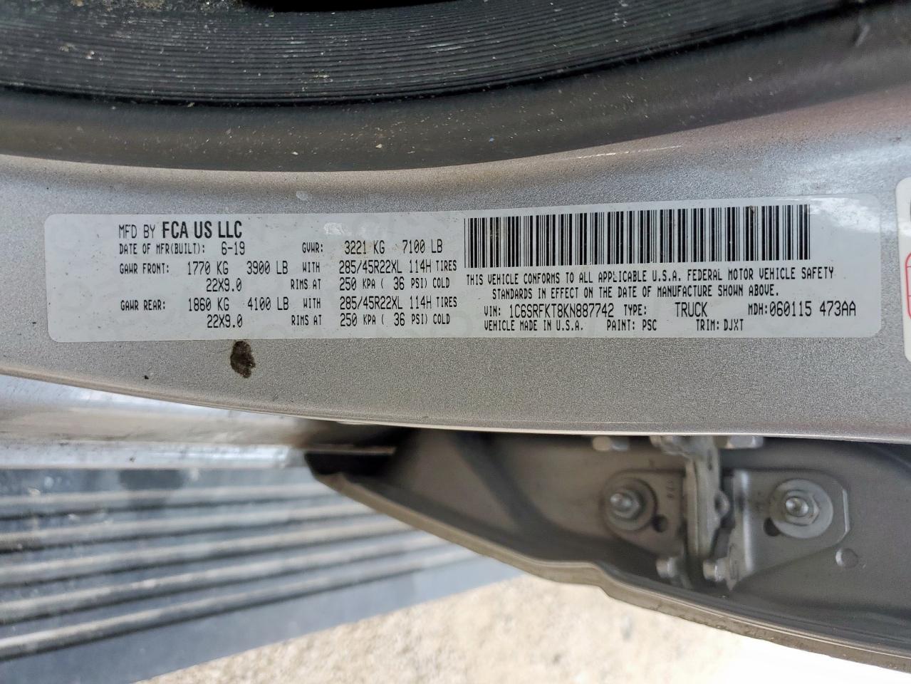 2019 Ram 1500 Longhorn VIN: 1C6SRFKT8KN887742 Lot: 80449605