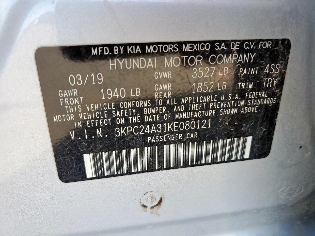 2019 Hyundai Accent Se VIN: 3KPC24A31KE080121 Lot: 71913065