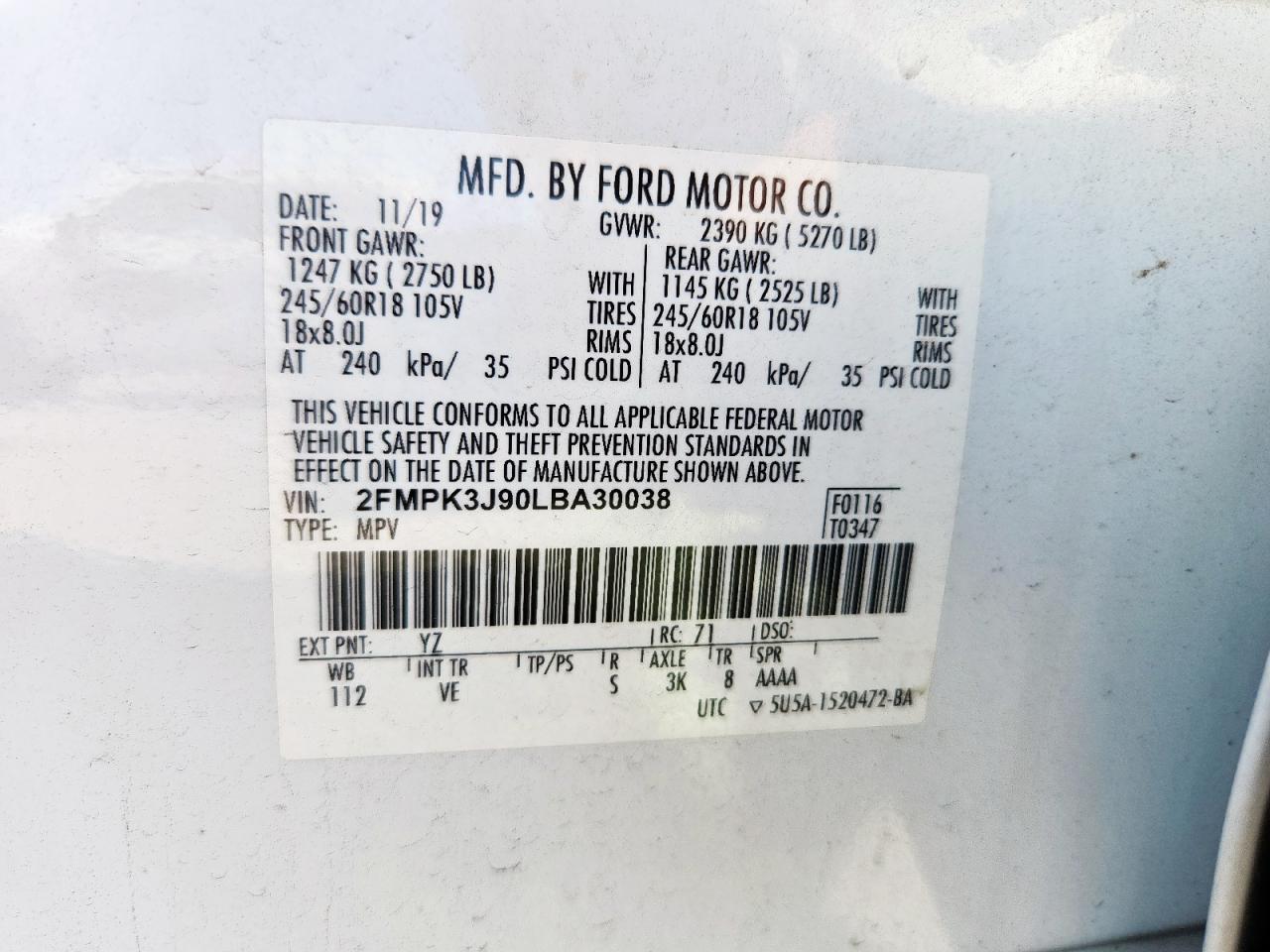 2020 Ford Edge Sel VIN: 2FMPK3J90LBA30038 Lot: 83774965