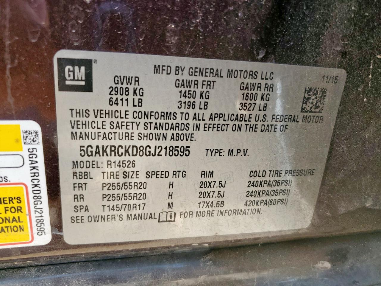 2016 Buick Enclave VIN: 5GAKRCKD8GJ218595 Lot: 70045985