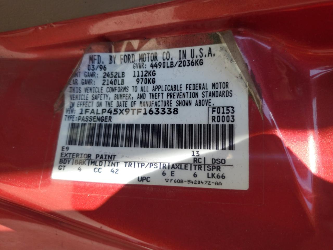 1996 Ford Mustang Gt VIN: 1FALP45X9TF163338 Lot: 71815345