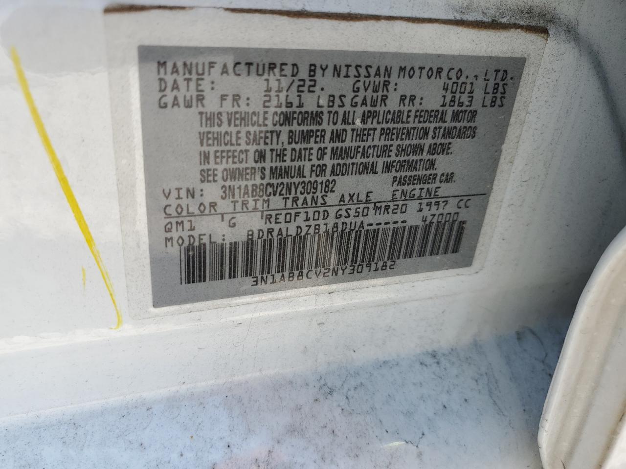 2022 Nissan Sentra Sv VIN: 3N1AB8CV2NY309182 Lot: 81237805