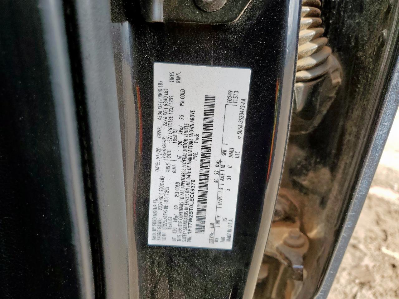 2020 Ford F250 Super Duty VIN: 1FT7W2BT0LEC69378 Lot: 82154345