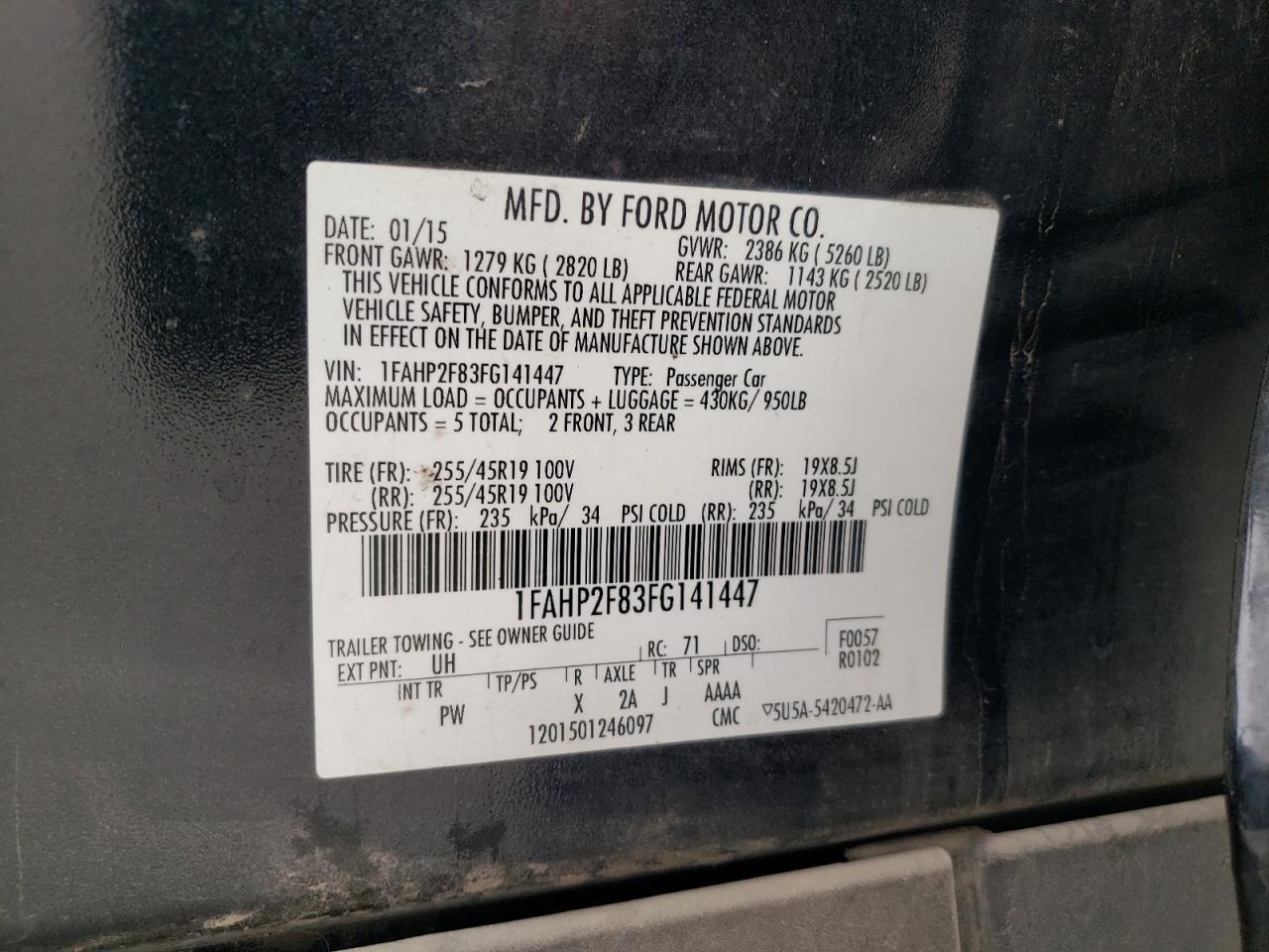 2015 Ford Taurus Limited VIN: 1FAHP2F83FG141447 Lot: 72054795