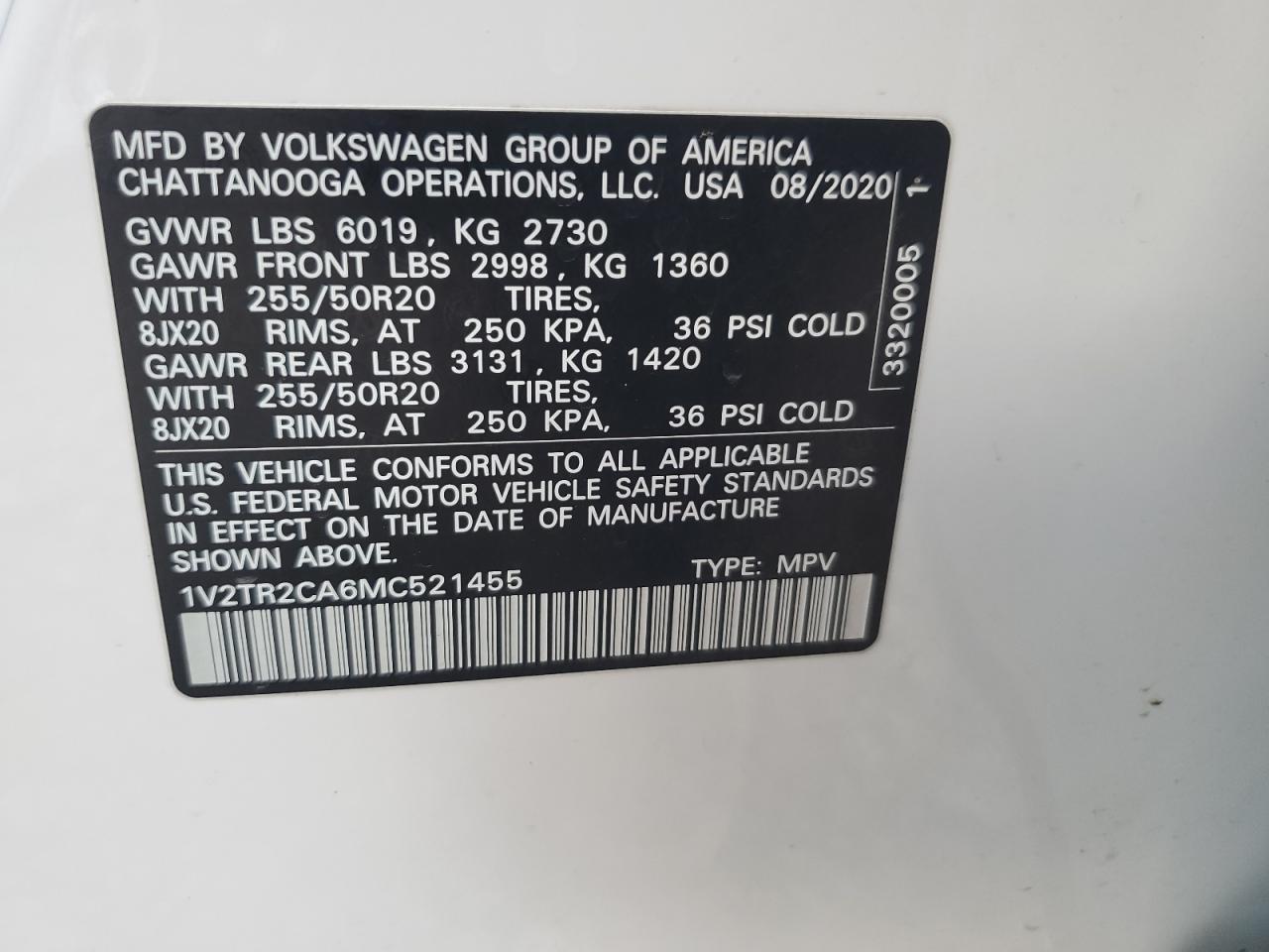 2021 Volkswagen Atlas Sel Premium VIN: 1V2TR2CA6MC521455 Lot: 84207485