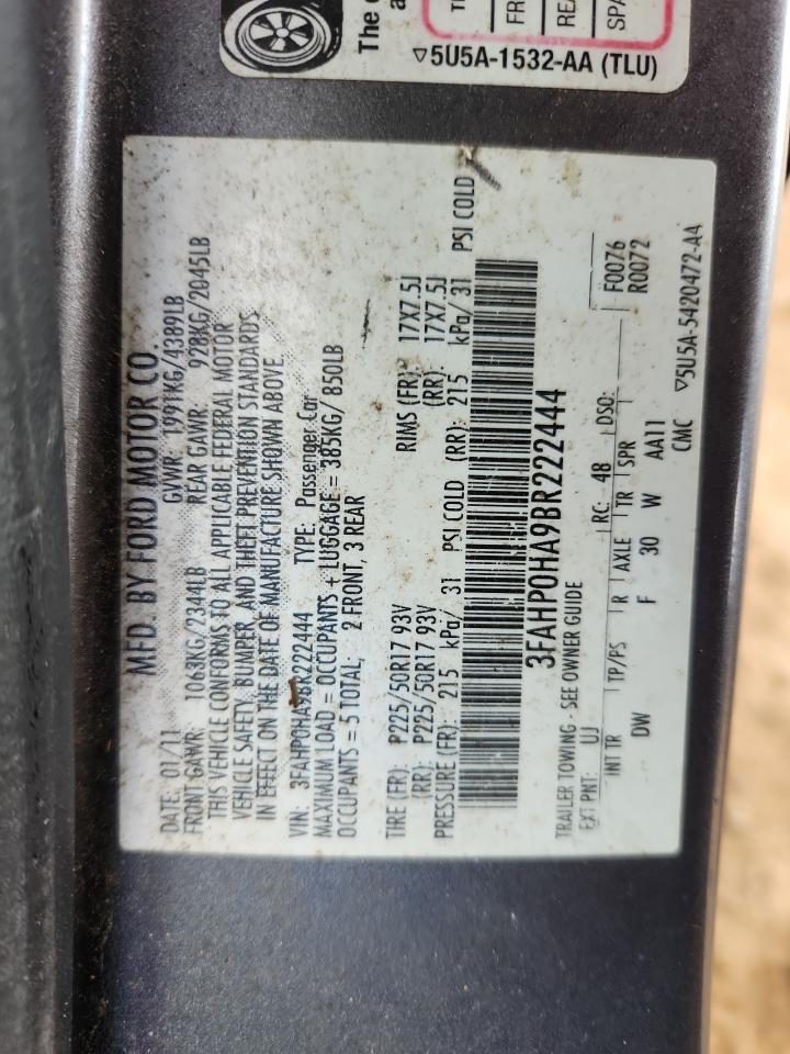 2011 Ford Fusion Se VIN: 3FAHP0HA9BR222444 Lot: 84232845