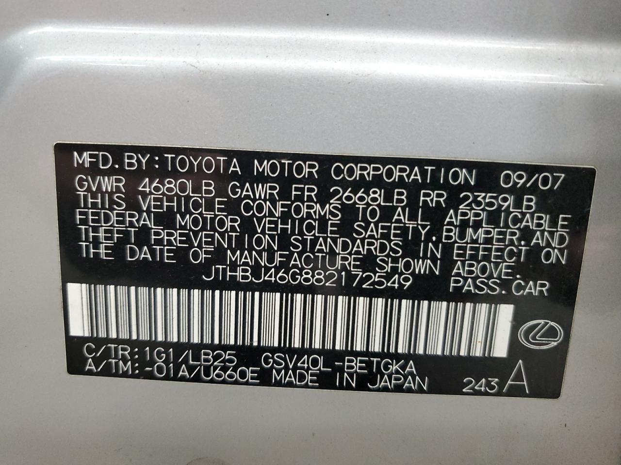 2008 Lexus Es 350 VIN: JTHBJ46G882172549 Lot: 80321125