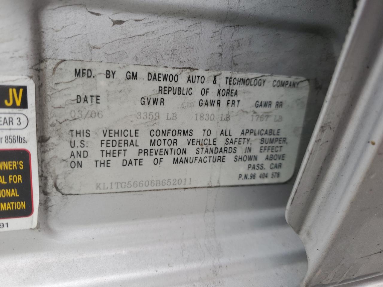 2006 Chevrolet Aveo Lt VIN: KL1TG56606B652011 Lot: 83815285