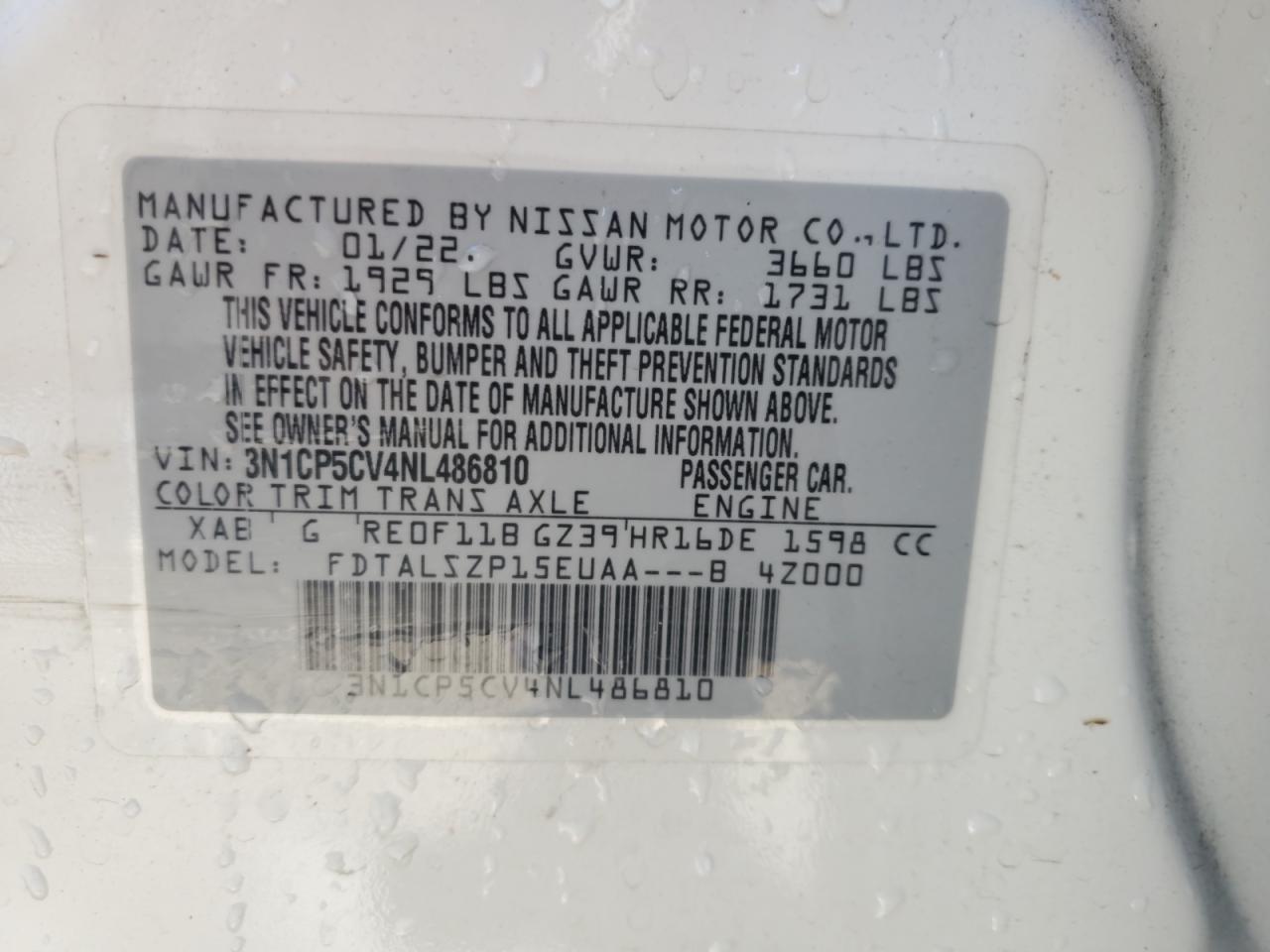 2022 Nissan Kicks Sv VIN: 3N1CP5CV4NL486810 Lot: 70481145