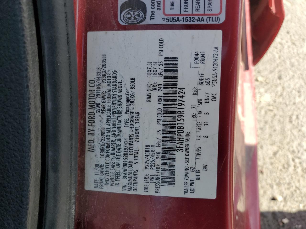 2009 Ford Fusion Sel VIN: 3FAHP08159R197424 Lot: 71475205