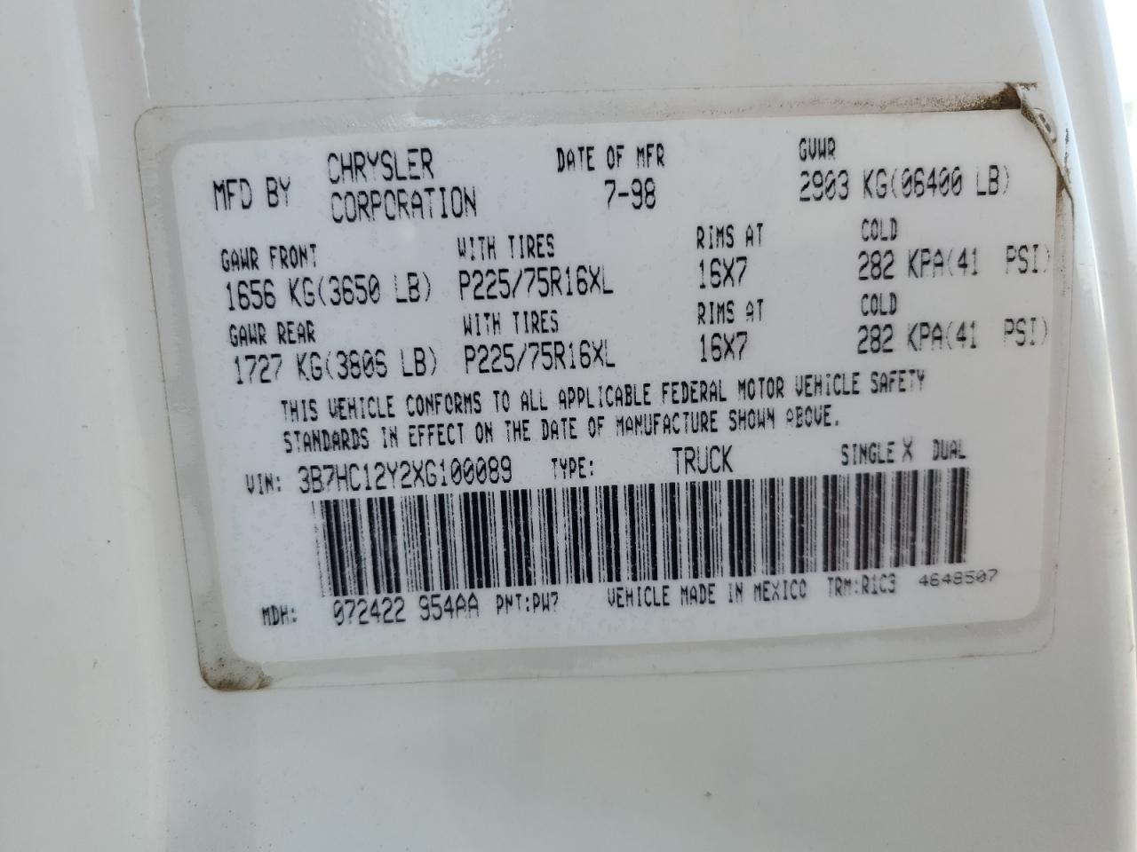 1999 Dodge Ram 1500 VIN: 3B7HC12Y2XG100089 Lot: 80316435