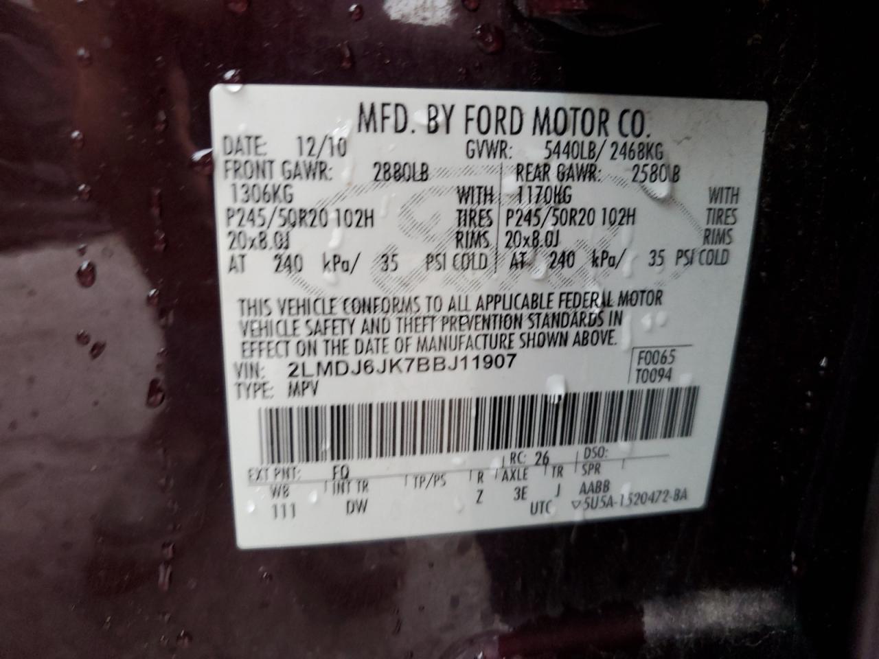 2011 Lincoln Mkx VIN: 2LMDJ6JK7BBJ11907 Lot: 81825345