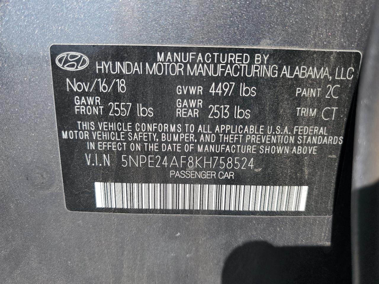 2019 Hyundai Sonata Se VIN: 5NPE24AF8KH758524 Lot: 80500035