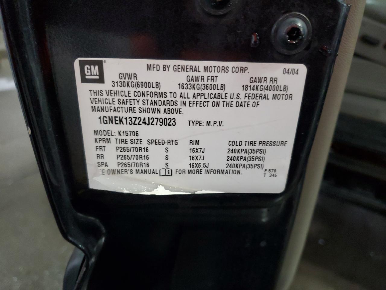 2004 Chevrolet Tahoe K1500 VIN: 1GNEK13Z24J279023 Lot: 81190135