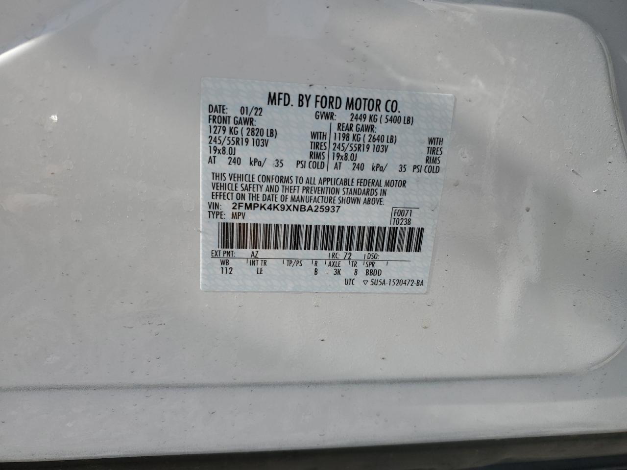 2022 Ford Edge Titanium VIN: 2FMPK4K9XNBA25937 Lot: 82171075