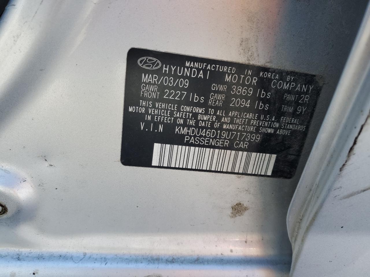 2009 Hyundai Elantra Gls VIN: KMHDU46D19U717399 Lot: 81119915