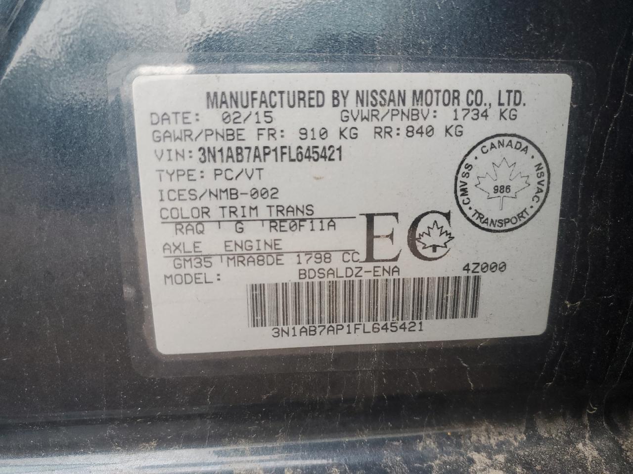 2015 Nissan Sentra S VIN: 3N1AB7AP1FL645421 Lot: 70394405
