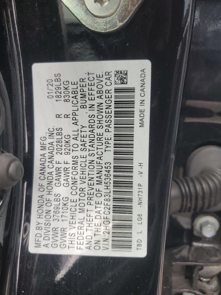 2020 Honda Civic Sport VIN: 2HGFC2F83LH536453 Lot: 80249195