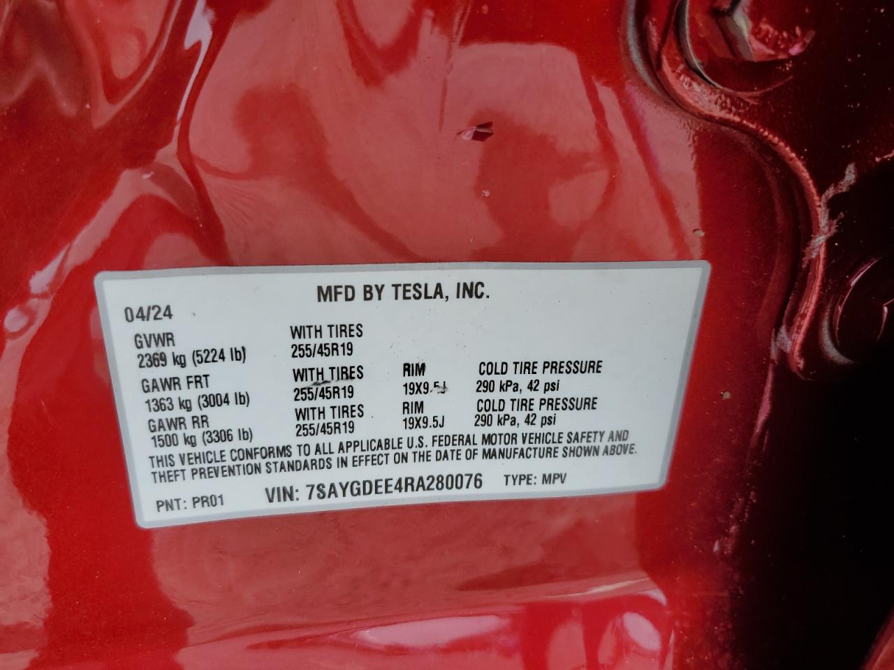 2024 Tesla Model Y VIN: 7SAYGDEE4RA280076 Lot: 81590925