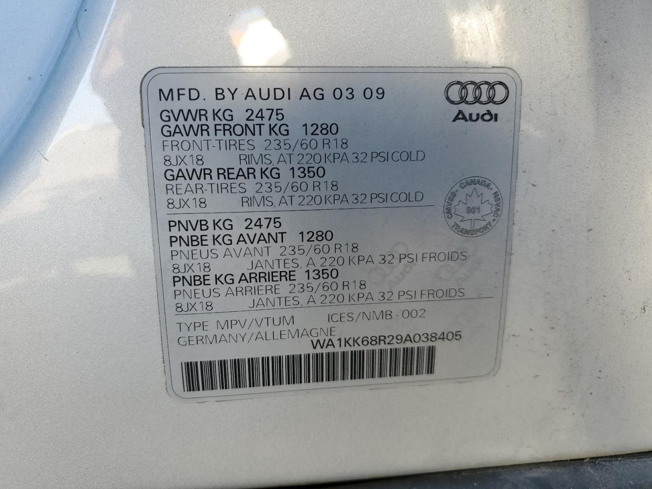 2009 Audi Q5 3.2 VIN: WA1KK68R29A038405 Lot: 81527945