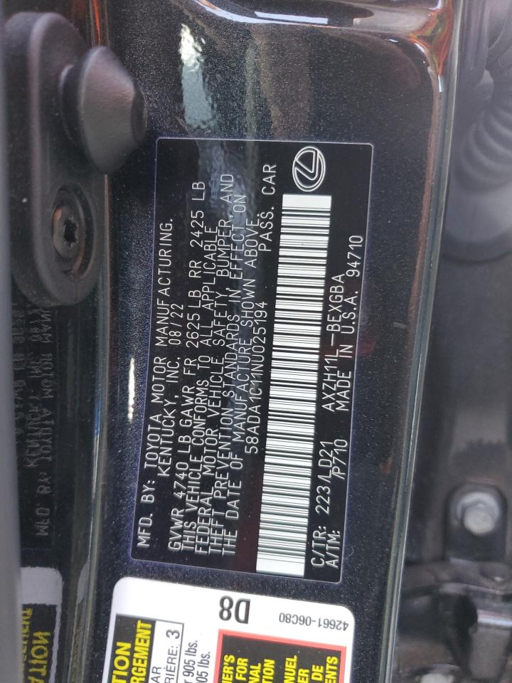 2022 Lexus Es 300H Base VIN: 58ADA1C11NU025194 Lot: 81164255