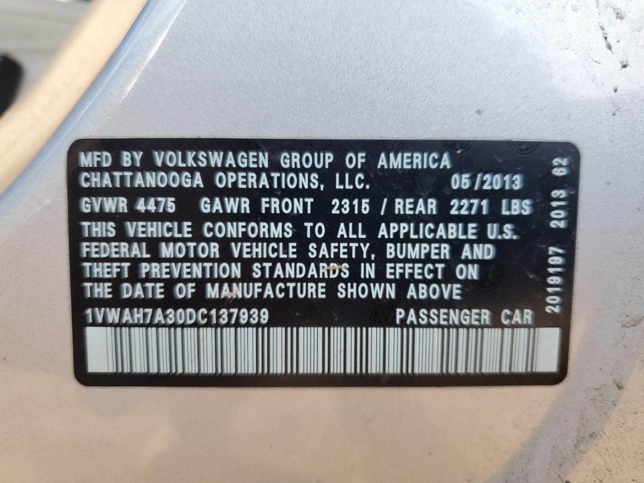 2013 Volkswagen Passat S VIN: 1VWAH7A30DC137939 Lot: 81286405