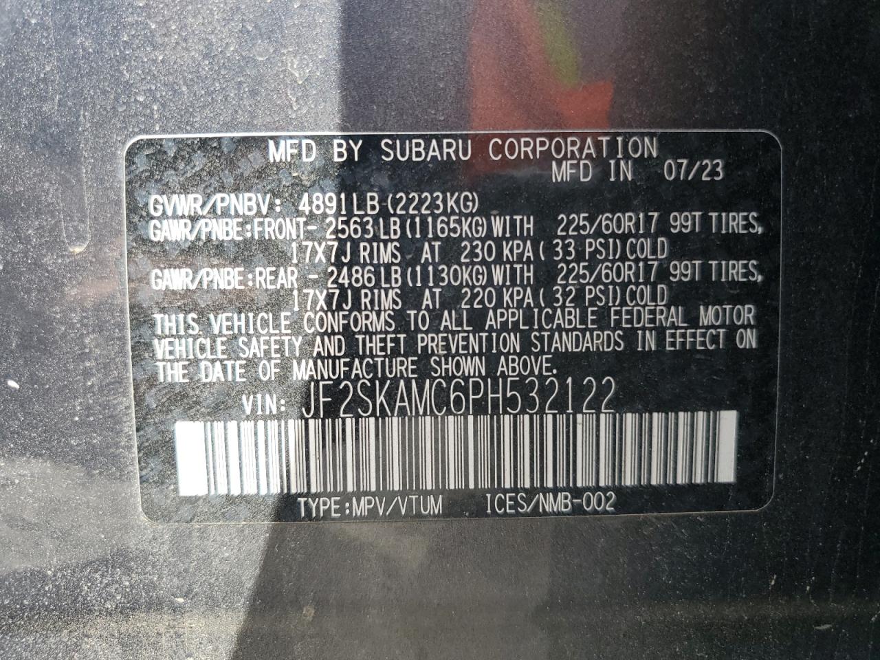 2023 Subaru Forester Wilderness VIN: JF2SKAMC6PH532122 Lot: 81788835