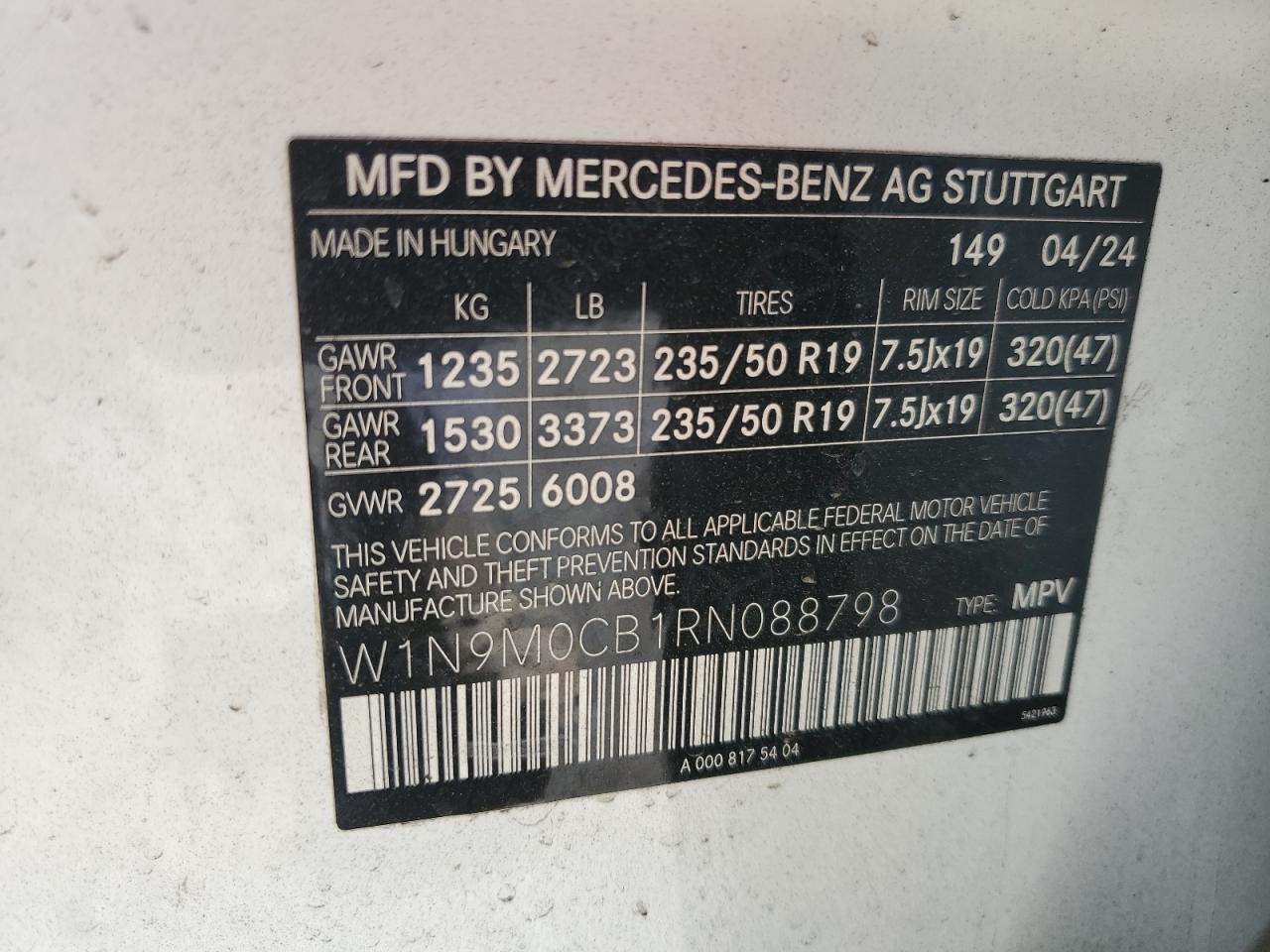 2024 Mercedes-Benz Eqb 250+ VIN: W1N9M0CB1RN088798 Lot: 71751875