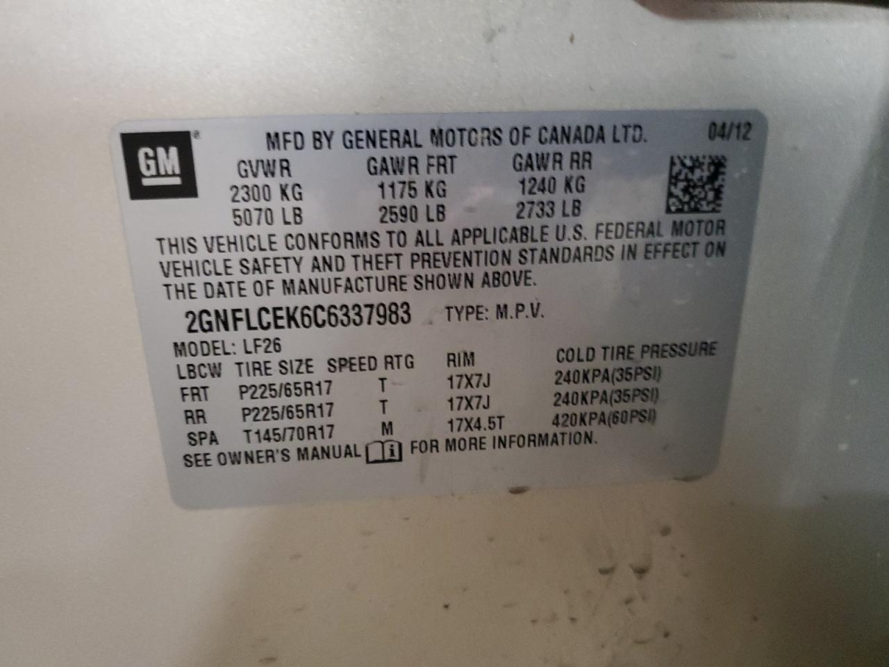 2012 Chevrolet Equinox Ls VIN: 2GNFLCEK6C6337983 Lot: 69581235