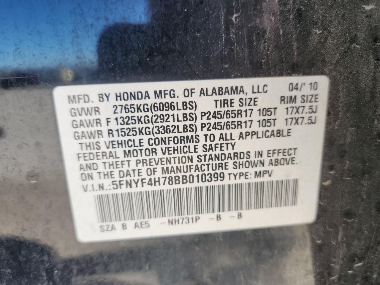 2011 Honda Pilot Exln VIN: 5FNYF4H78BB010399 Lot: 71929095