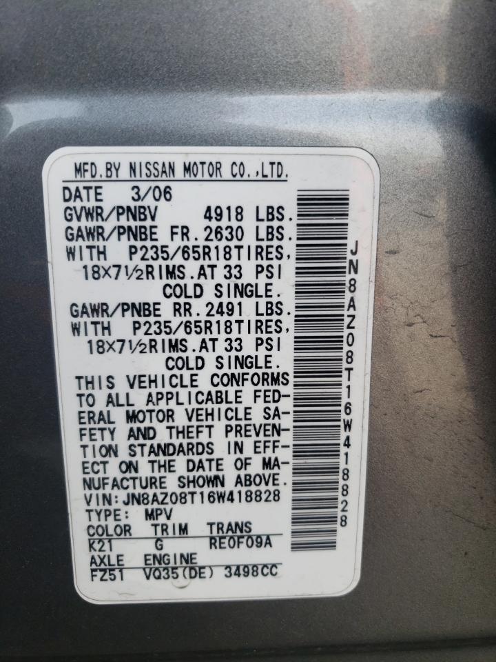 2006 Nissan Murano Sl VIN: JN8AZ08T16W418828 Lot: 82174905
