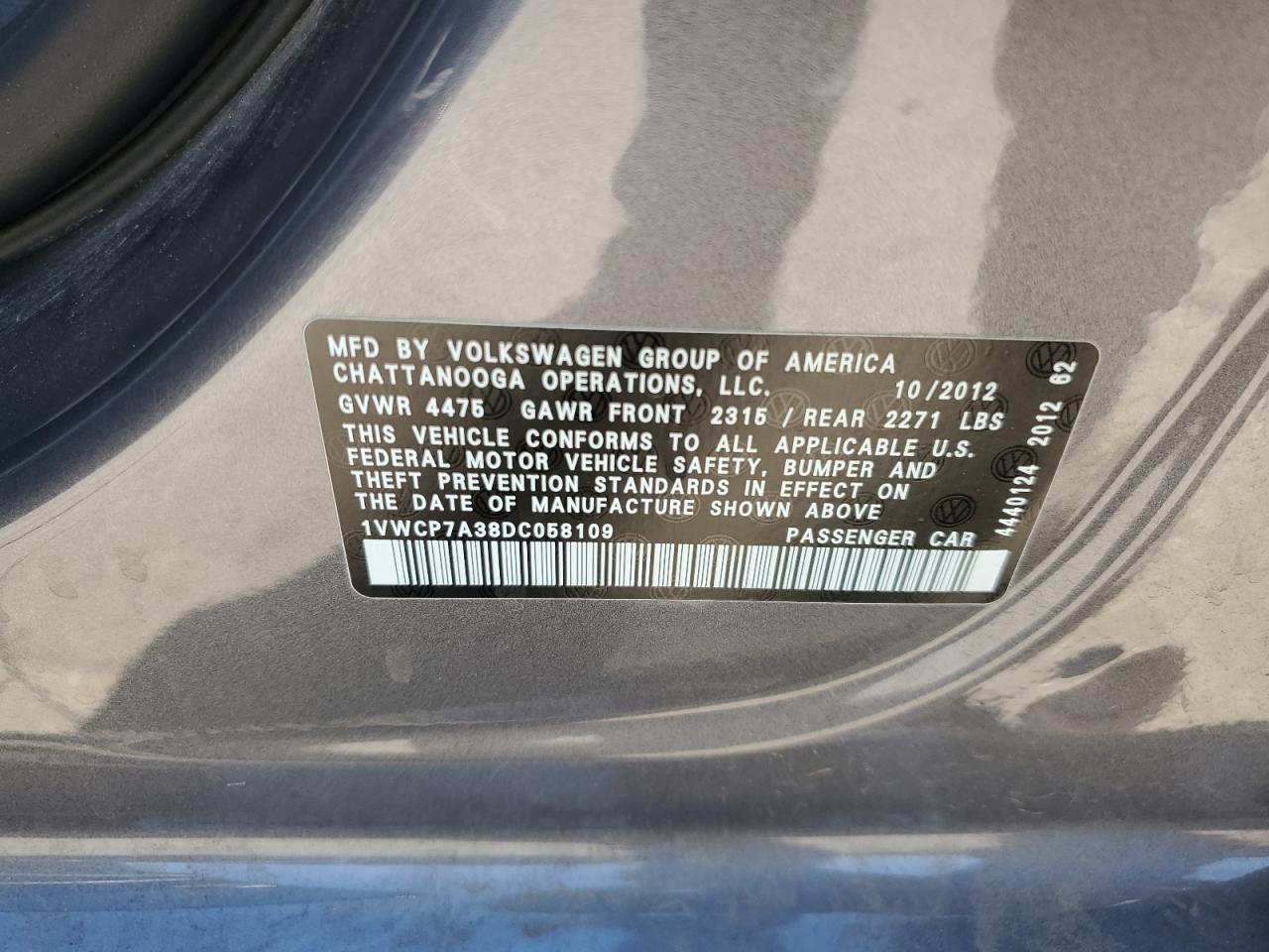 2013 Volkswagen Passat Sel VIN: 1VWCP7A38DC058109 Lot: 71280125