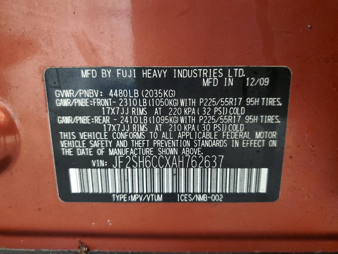 2010 Subaru Forester 2.5X Premium VIN: JF2SH6CCXAH762637 Lot: 83765175