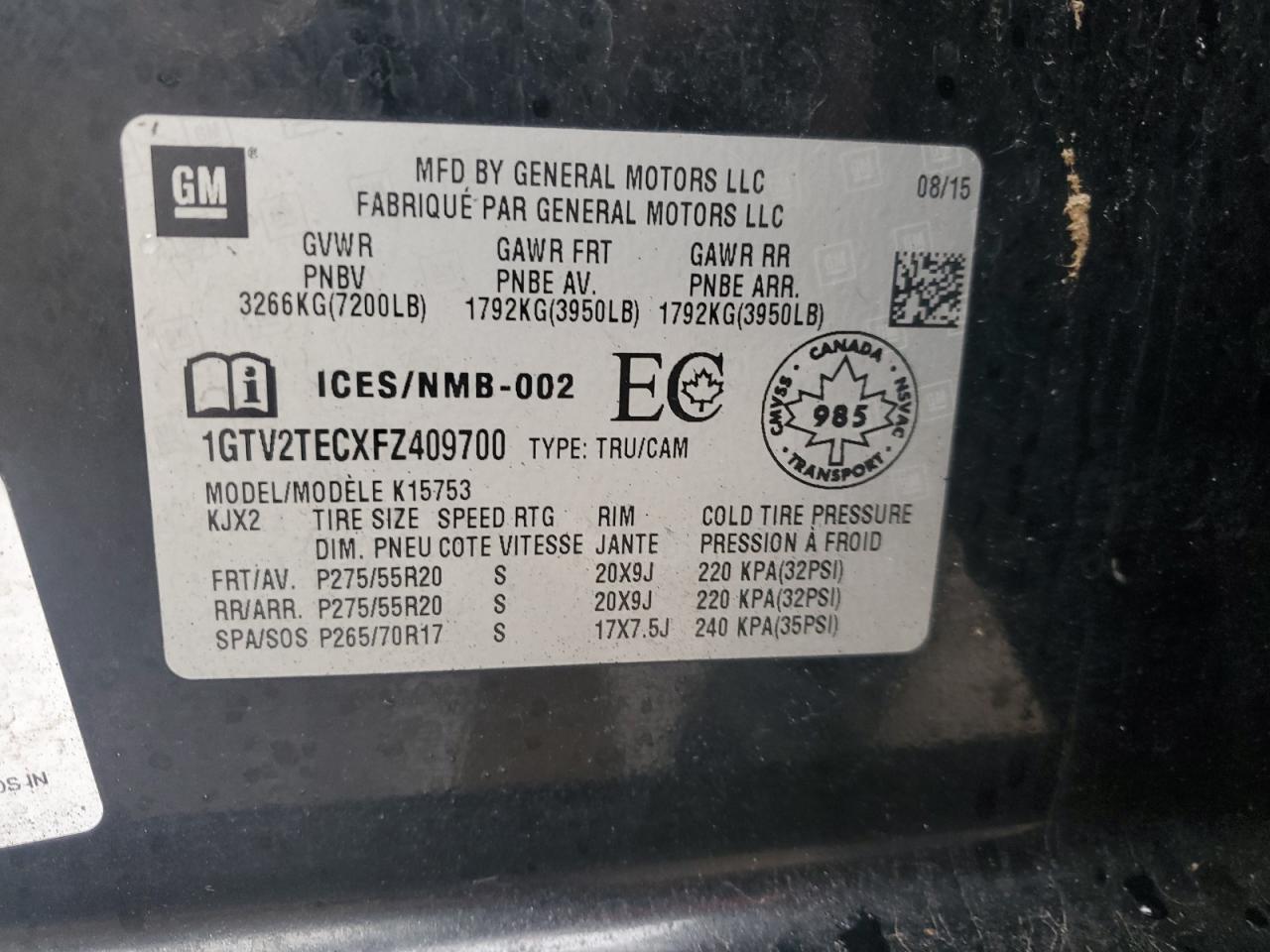 2015 GMC Sierra K1500 VIN: 1GTV2TECXFZ409700 Lot: 81234005