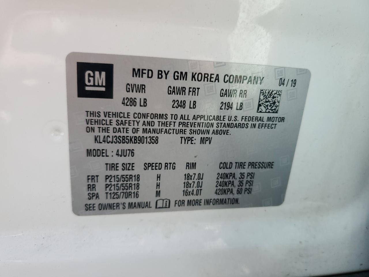 2019 Buick Encore VIN: KL4CJ3SB5KB901358 Lot: 84272575